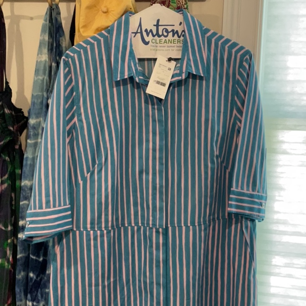 Marimekko Blue and Pink Striped Midi Shirt Dress